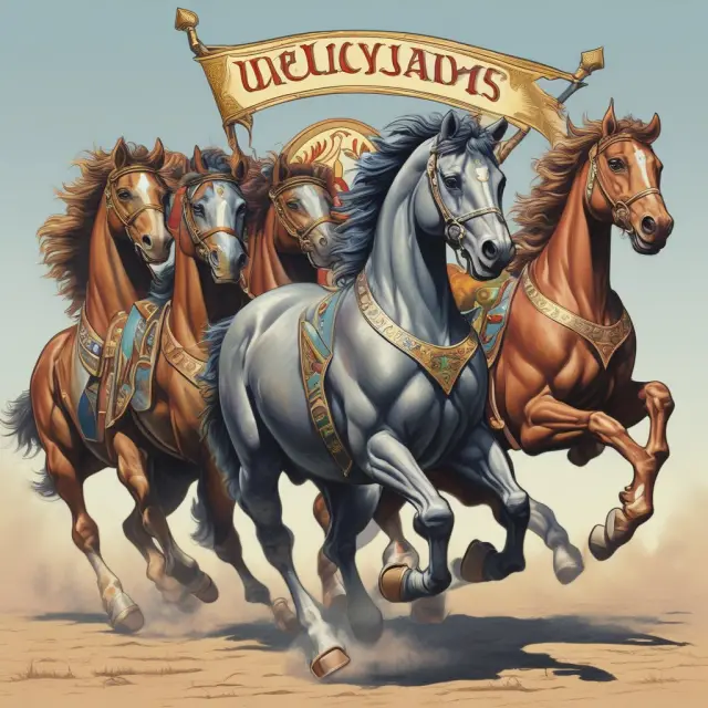 A group of powerful horses representing Meta, Amazon, Netflix, and Alphabet (Google) galloping forward, symbolizing their growth and stability