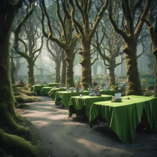 Elves nimbly creating clothing at agile factories surrounded by advanced technology trees, symbolizing fast fashion