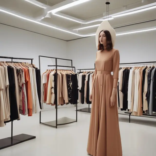 A person on a tightrope balances affordable fast fashion clothing items on one side and sustainable, ethical options on the other
