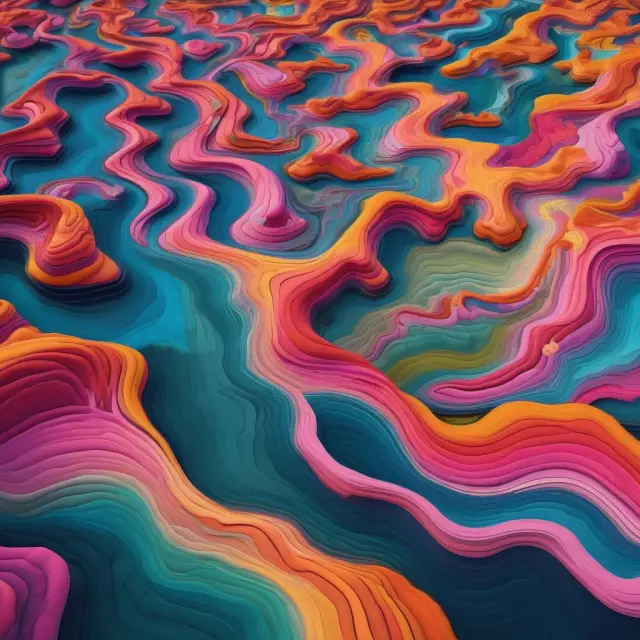 A vibrant river flowing with changing colors representing the geographical spread and impact of fast fashion