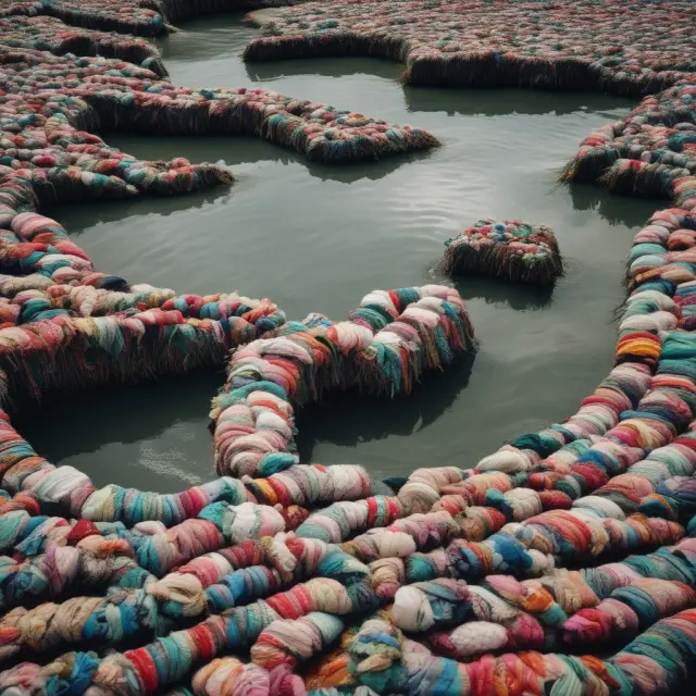 Image of a vibrant and flowing circular river filled with recycled fabric pieces representing the future of sustainable fast fashion.