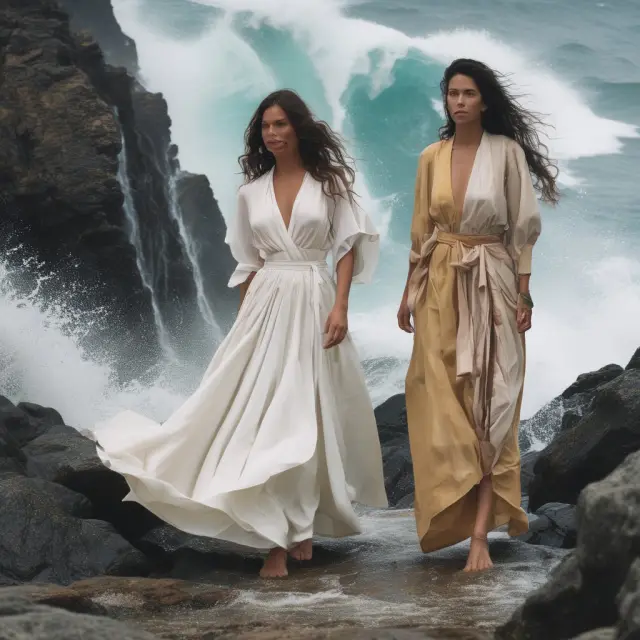 An image of a powerful fast fashion wave colliding with a traditional clothing island, signifying their contrasting business models in fashion retail.