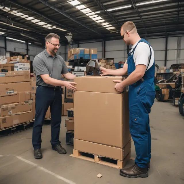 German seller handing machinery components to US buyer as they meet at carrier for FCA shipment transfer