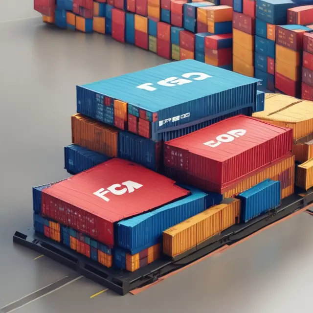 An image of a balanced scale, with FCA on one side represented by a golden carrier, and FOB on the other side symbolized by a ship passing over the rail