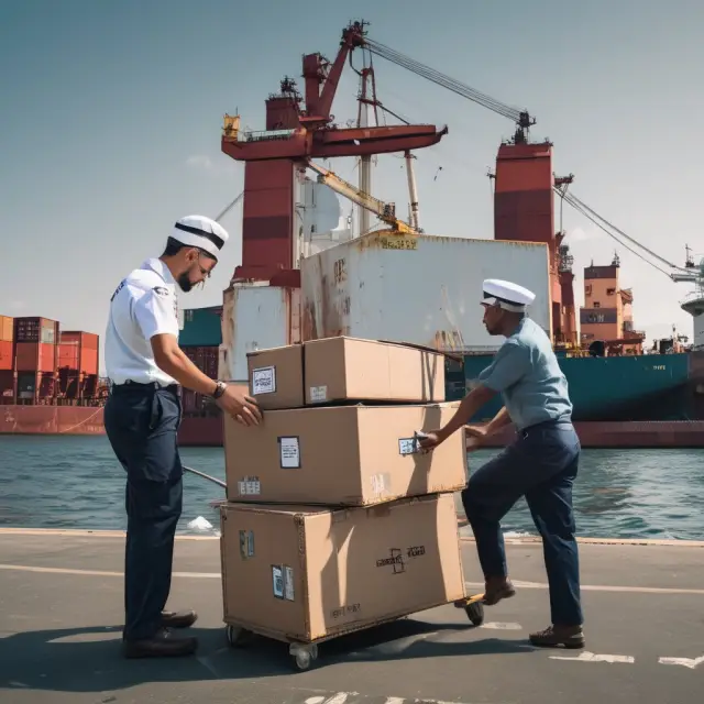 Two sailors exchanging goods between ships, representing the transfer of liability and risk in FCA shipping