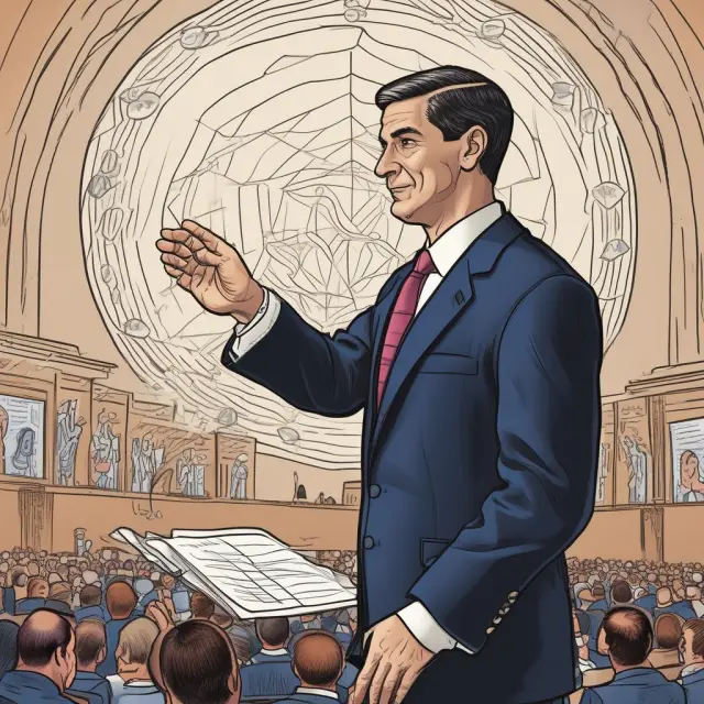 A FCC chairman conducting an orchestra with net neutrality as a violin, broadband privacy as a flute, and security as a trumpet