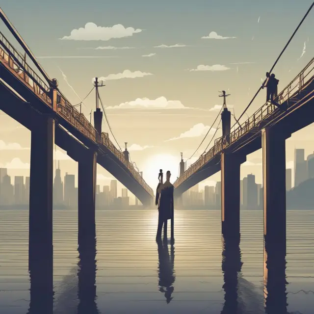 An FCM represented as a sturdy bridge connecting clients to a futures market, emphasizing trust and strong relationships