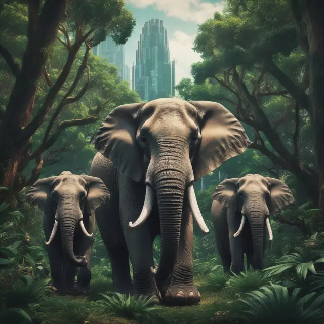 Three sturdy elephants symbolizing FCMs CME Group, Interactive Brokers, and MF Global amidst a vibrant financial data jungle.