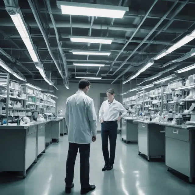 An FDA inspector meticulously scanning a factory floor for compliance with regulations