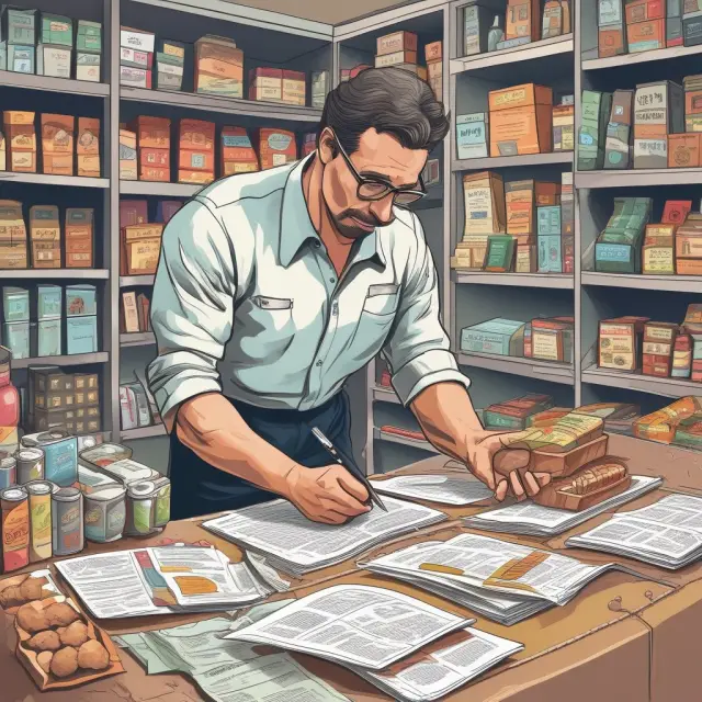 An FDA inspector reviewing food products on a conveyor belt while organizing regulatory papers and preparing labeling templates.