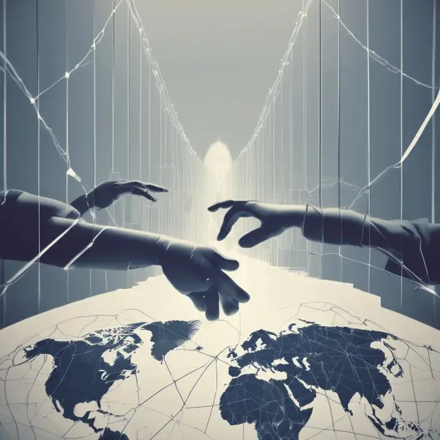 A global hand symbolizing international cooperation forms a bridge between two interconnected companies engaging in Foreign Direct Investment.