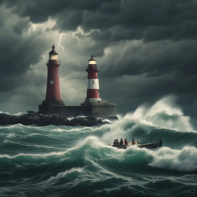 People in boats rowing toward an FDIC lighthouse during a stormy sea, representing the claim filing process.