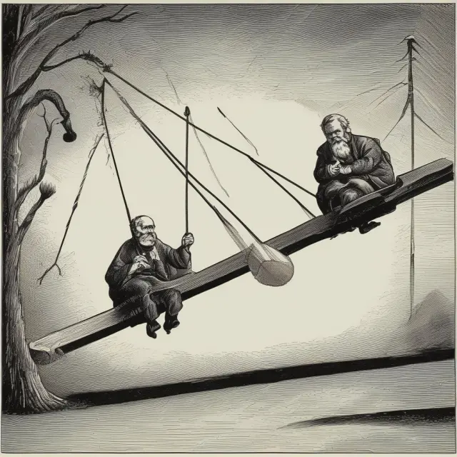 A seesaw represents market fluctuations, with fear and greed labels indicating potential strategies: buy-and-hold or market timing.