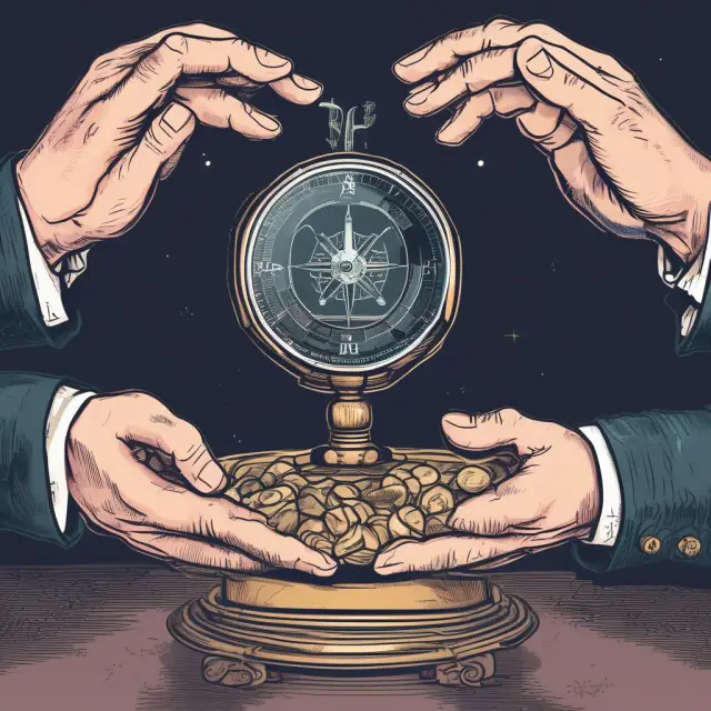 A hand with a compass in one hand and a crystal ball atop fear-greed scales represents cryptocurrency investor sentiment analysis using the crypto fear and greed index.