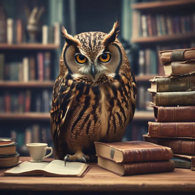 A wise owl examining a balanced trading portfolio, symbolizing informed decision-making and risk management