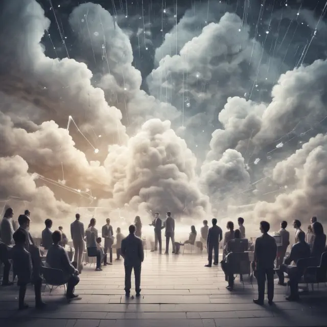 A group of stakeholders collaboratively working in a room filled with swirling data clouds, collecting valuable insights to form a solid foundation for the feasibility study.