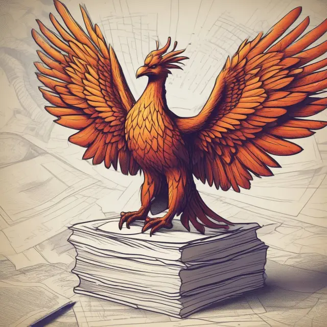 Phoenix rising from research stack, symbolizing successful feasibility study