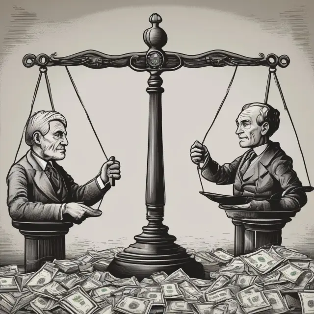Hands symbolizing monetary policy and criticism juxtaposed over a background of economic charts