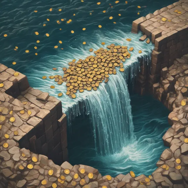 Image: A dam releasing a wave of coins representing wages, with some floating coins labeled 