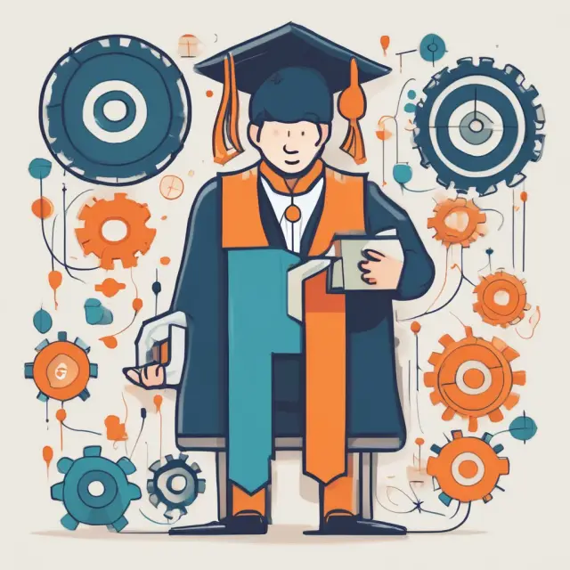 Student with graduation cap holding diploma amidst gears symbolizing federal student loans for education and career progression