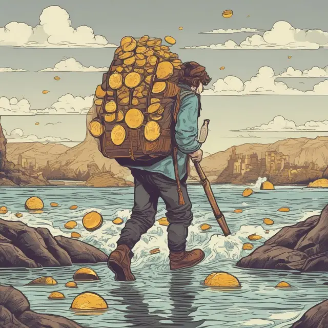 A person carrying a backpack full of coins wades through a river, symbolizing on-time FUTA payments avoiding penalties.