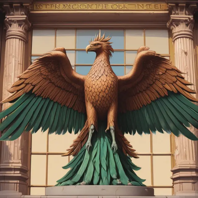 An ancient phoenix perched at a modern discount window, representing historical evolution and transformation of the Fed