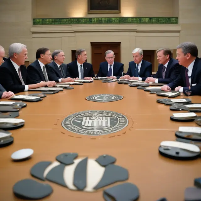 A table of Federal Reserve governors discussing interest rates, one hand adjusting the discount rate dial while another tweaks the federal funds rate.