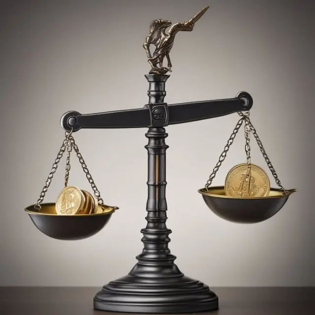 Federal Discount Rate representation: Gavel holding a dual-faced coin symbolizing inflation and stability, poised on the Scales of Justice