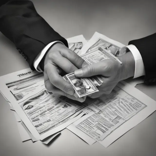 Image showing two hands, one holding a stack of papers labelled 