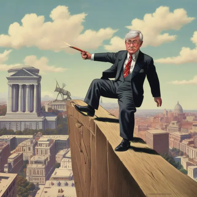 A Fed Chair meticulously balancing economic conditions on a balance beam by adjusting the historical federal funds rate