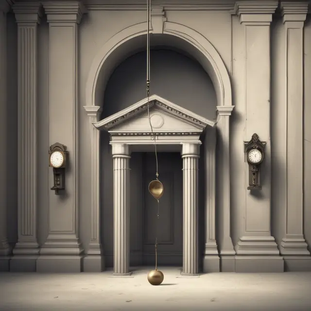 Visualization of a pendulum influencing interest rates between bank vaults in monetary policy