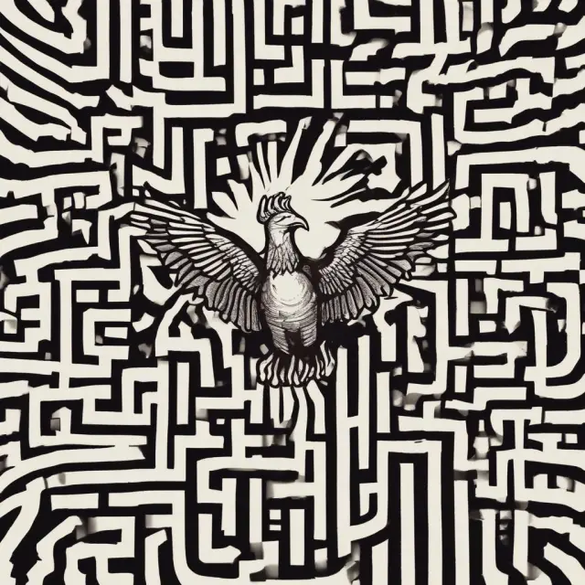A fiery Phoenix emerging from a complex maze of political symbols, illustrating the Fed