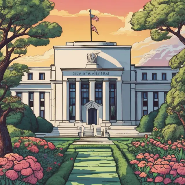A lush garden symbolizing the Federal Reserve System, tending to income from U.S. securities, foreign investments, loans, and services while ensuring financial growth through Fedwire payments system