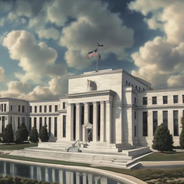 A fortified watchtower symbolizing the Federal Reserve, overlooking an economic landscape with various sectors