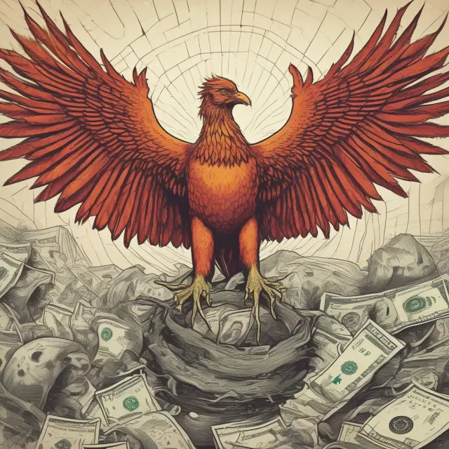 A Phoenix emerging from an intricately woven nest of financial graphs and currencies, illustrating the enduring nature of the Federal Reserve System.