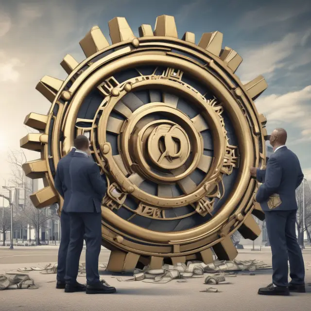 Interconnected banks exchanging funds through Fedwire represented by giant gearing systems