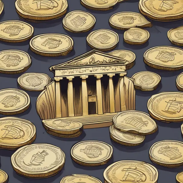Three golden coins representing Federal Reserve payment systems - Fedwire Funds, Securities, and National Settlement - flowing in a river, symbolizing efficient financial transactions.