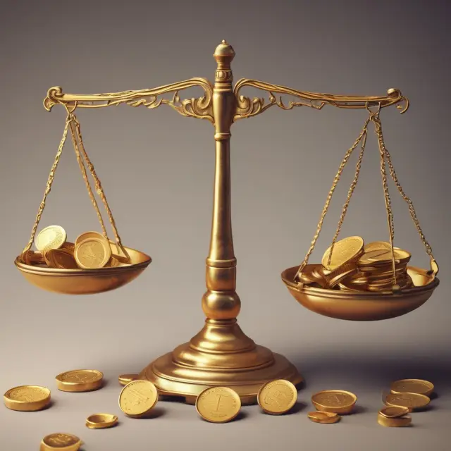 Golden scale weighing fees against a basket of investment assets, emphasizing fee-conscious portfolio management