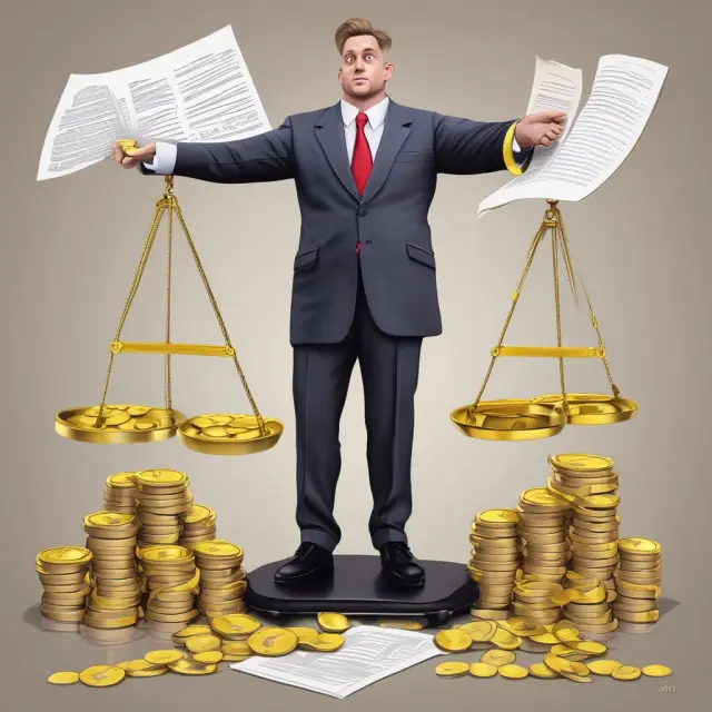 A banker figure balances a scale holding gold coins and documents, representing banking fees and regulations
