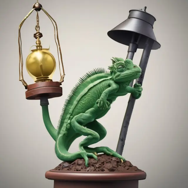 A chameleon transforms from an old solar panel to a modern gavel, symbolizing the renewable energy market