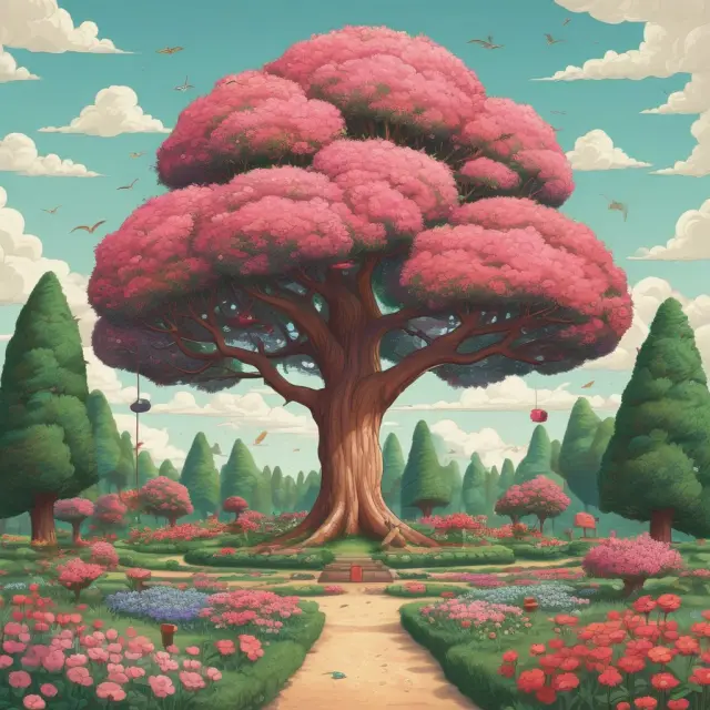A beautiful garden where multiple interconnected flowers (feeder funds) flourish around a large, thriving tree (master fund), illustrating cost savings, economies of scale, and shared benefits.