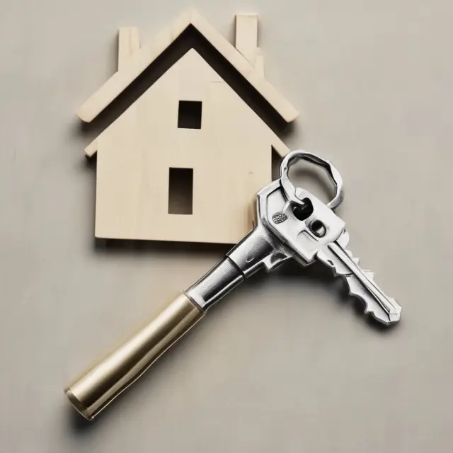 A hammer, paintbrush, and house key merging in a metaphorical depiction of FHA 203(k) loan