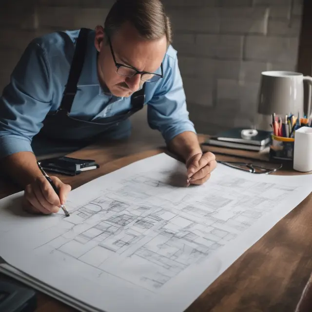 Home inspector reviewing home plans and calculating repair costs for an FHA 203(k) loan