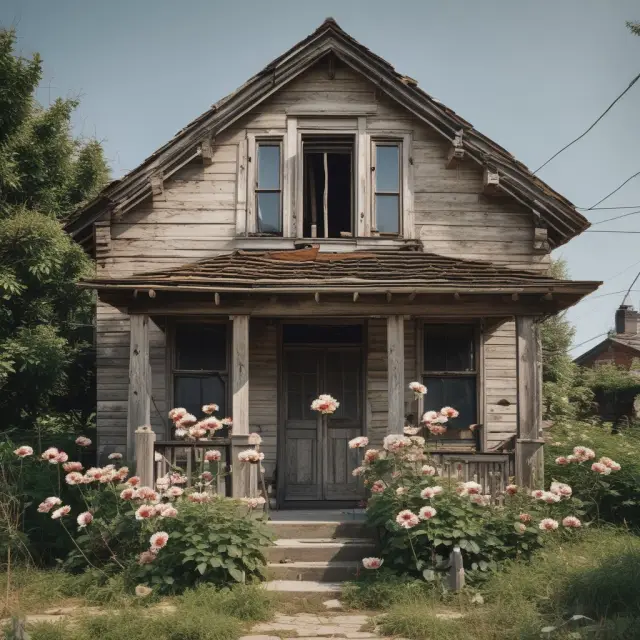An overgrown house transforms into a blooming chrysanthemum, representing the potential of FHA 203(k) loans and home renovation.