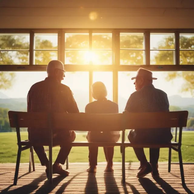 Golden sun shining on seniors discussing HECM reverse mortgages, illustrating financial security and home equity access