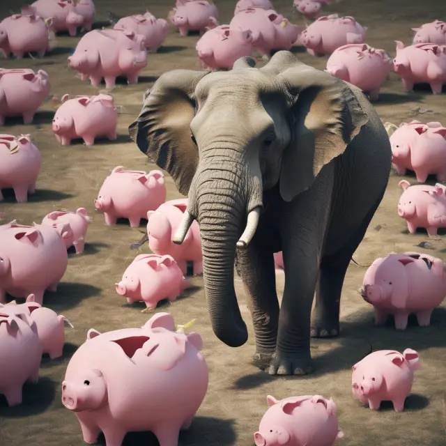 An elephant holds and distributes resources from eleven piggy banks, representing the Federal Home Loan Bank System