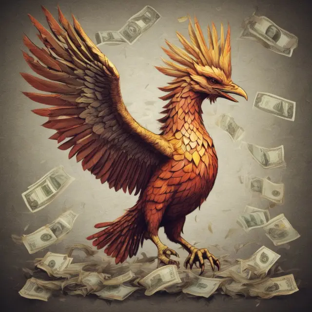 An image of a mythical Phoenix bird emerging from a pile of paper money, representing the concept and transformation of Fiat Money