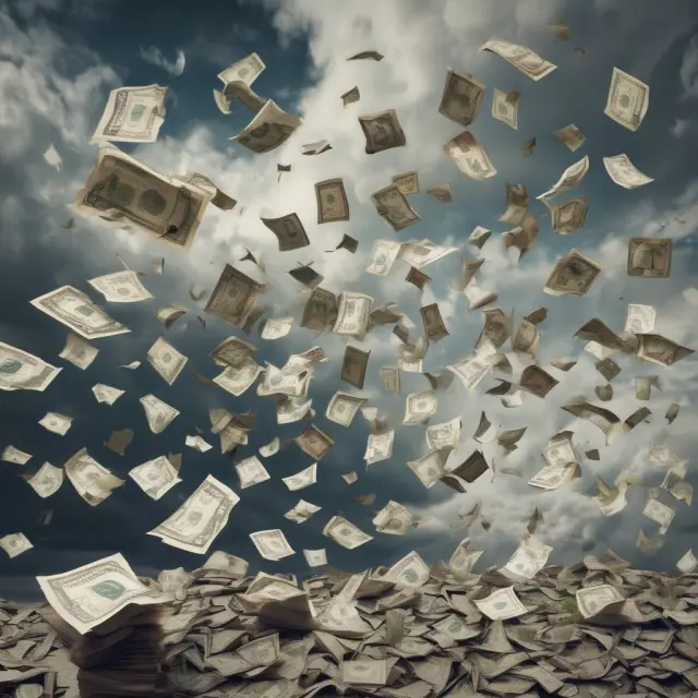 Imagery of uncontrolled paper rain signifying the potential dangers of hyperinflation with fiat currency