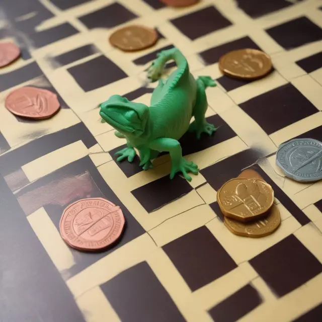 An image of a green chameleon representing fiat currency sitting on a gold standard chessboard, demonstrating the flexibility and evolution of modern economies in managing monetary policy