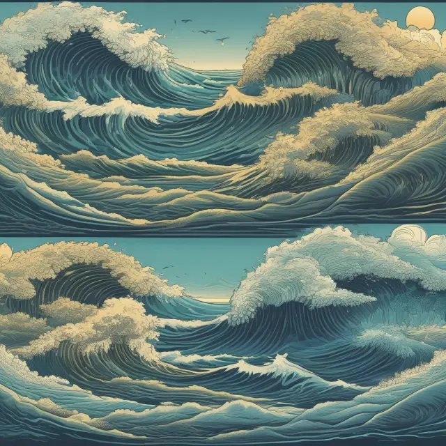 A calm sea representing stable fiat money contrasted by a turbulent ocean symbolizing volatile cryptocurrencies.